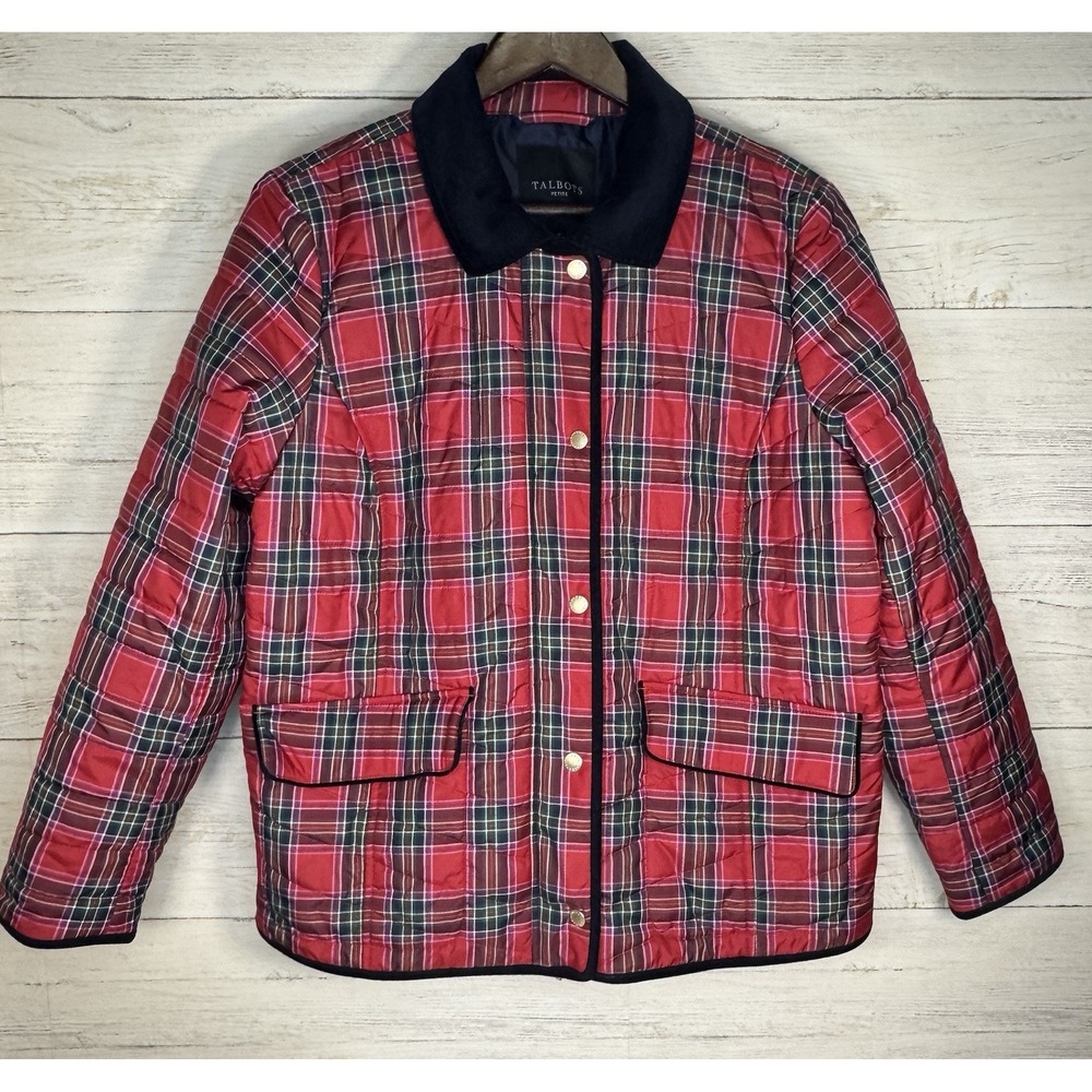 Talbots Quilted‎ Barn Jacket Womens Petite XL Red Tartan Plaid Zip Snap Preppy
